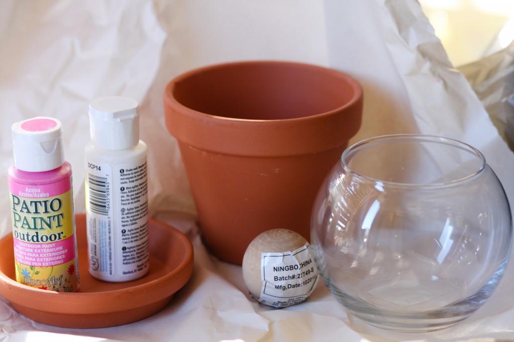 Supplies needed for valentine's day gumball machine craft (paint, terracotta pot, glass jar)